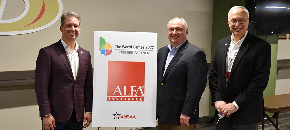 Alfa Insurance announced its partnership with the World Games today at Bartow Arena in downtown Birmingham. Alfa’s sponsorship will honor high school coaches and athletes of the year during the World Games. From left are World Games CEO Nick Sellers, Alfa Insurance President Jimmy Parnell, and Alabama High School Athletic Association Executive Director Steve Savarese.